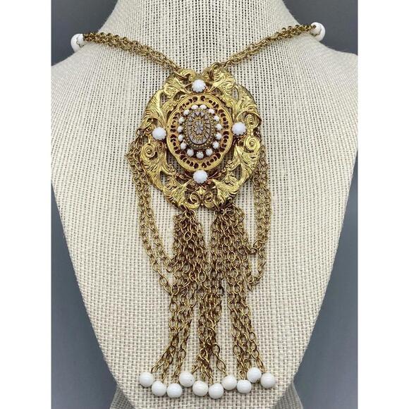 Vintage Hobe Double Strands Gold Tone Bohemian Statement Beaded Chain Necklace